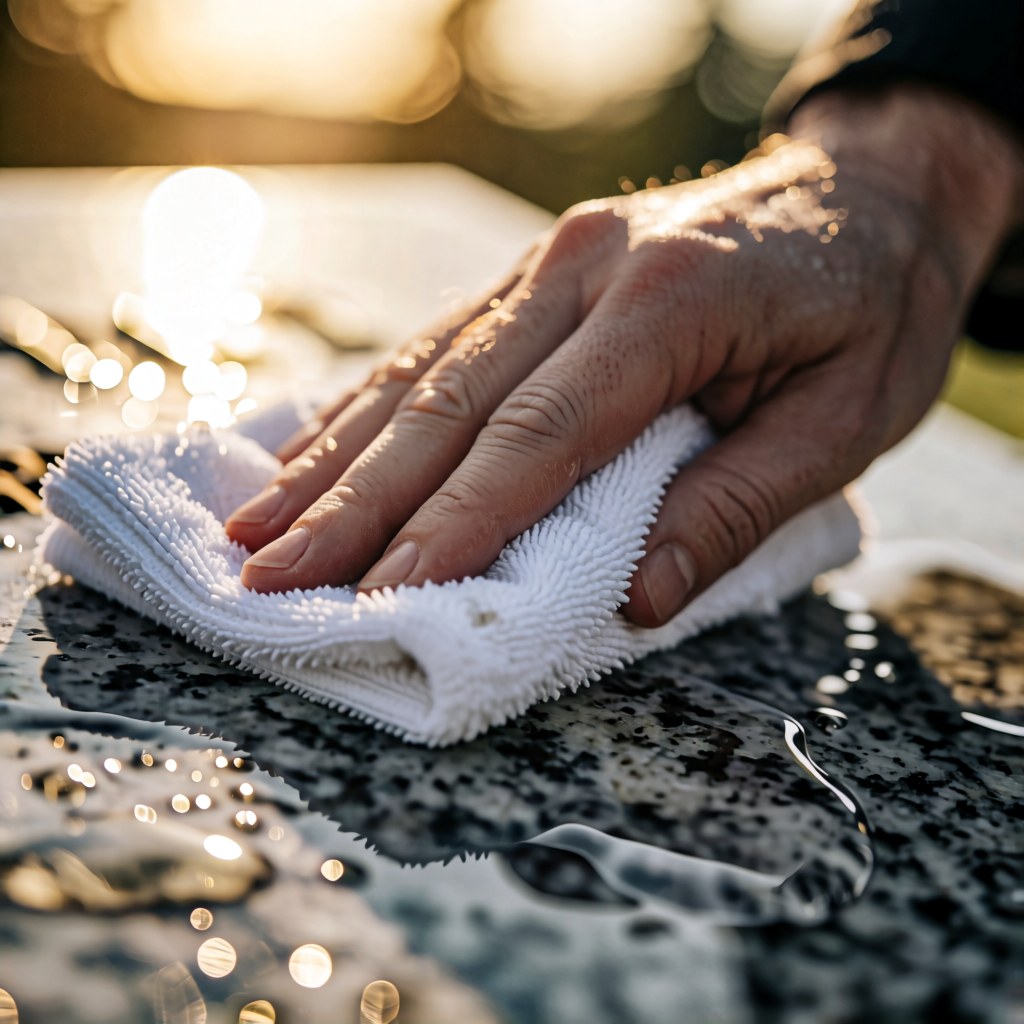 A gentle hand wiping a clean headstone surface with a soft cloth