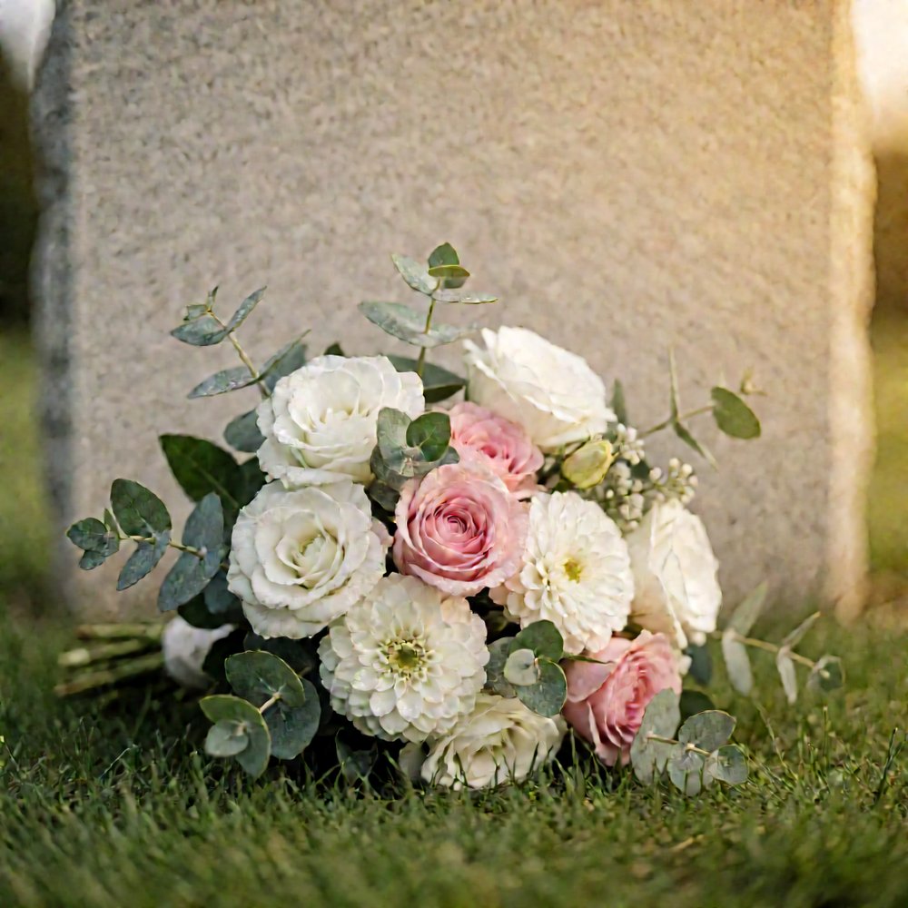 Fresh flowers resting at the base of a headstone