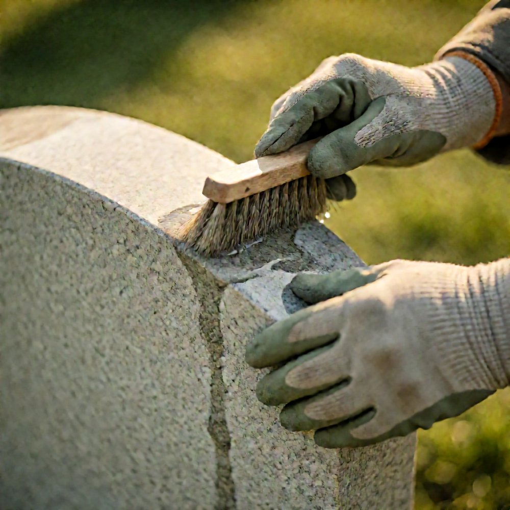 Hands gently cleaning a headstone with a soft brush and water