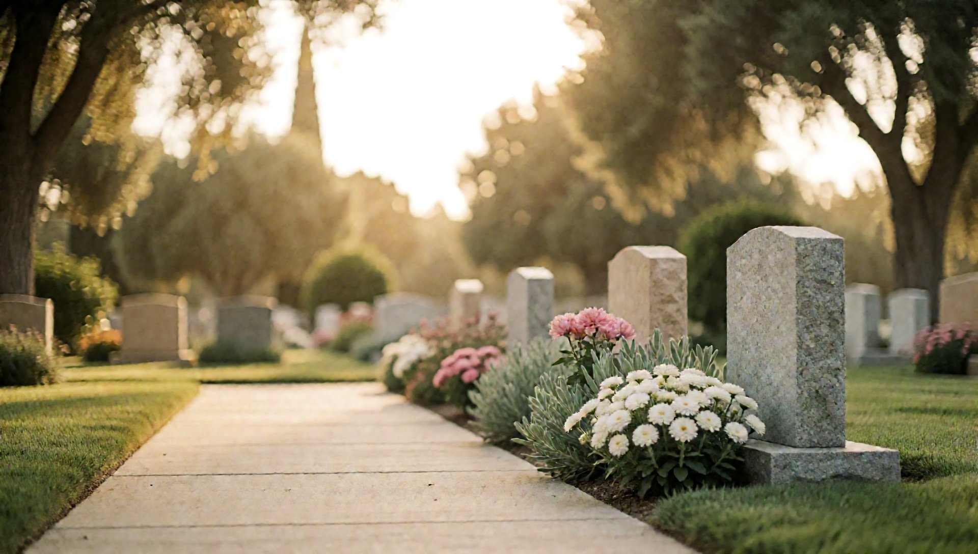 A peaceful sunlit cemetery garden pathway lined with clean headstones and fresh flowers